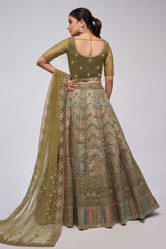 Sequins Work On Olive Color Sober Lehenga In Net Fabric