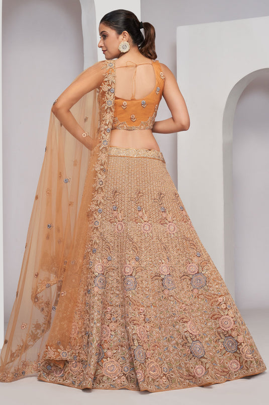 Peach Color Sequins Work On Net Fabric Stunning Lehenga