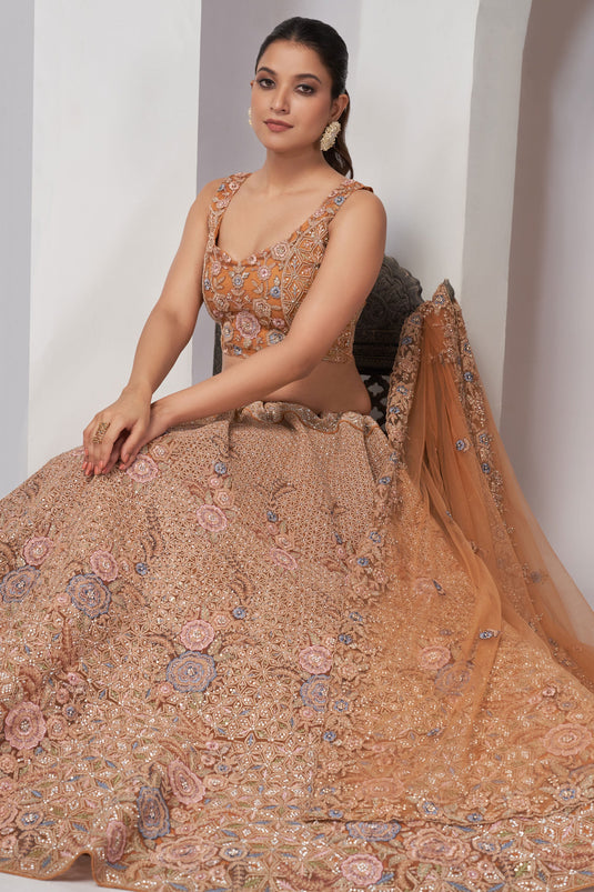 Peach Color Sequins Work On Net Fabric Stunning Lehenga