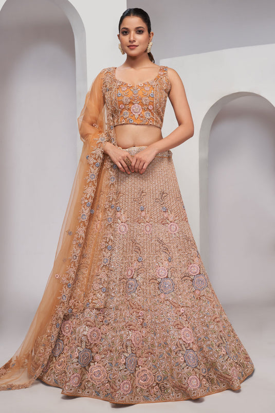 Peach Color Sequins Work On Net Fabric Stunning Lehenga