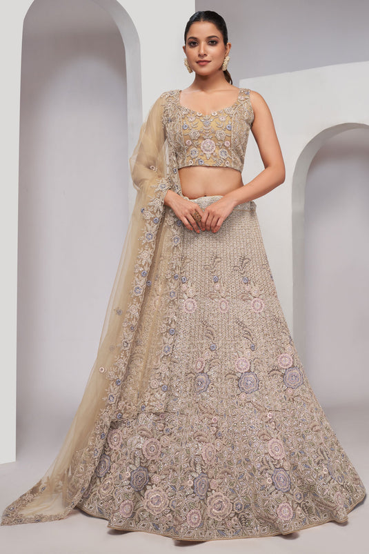 Incredible Sequins Work On Net Fabric Beige Color Lehenga