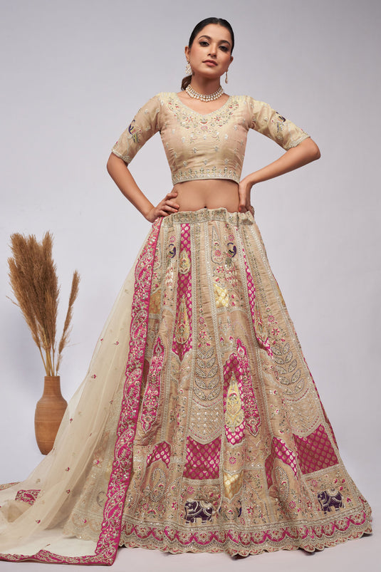 Sequins Work On Silk Fabric Beige Color Gorgeous Lehenga