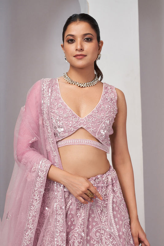 Pink Color Sequins Work On Engaging Net Fabric Lehenga
