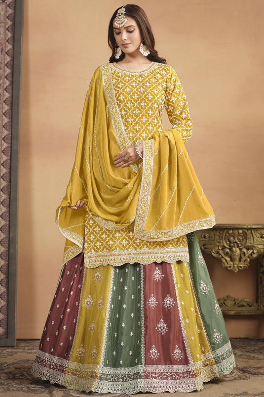 Phenomenal Sangeet Wear Yellow Color Chinon Fabric Sharara Top Lehenga