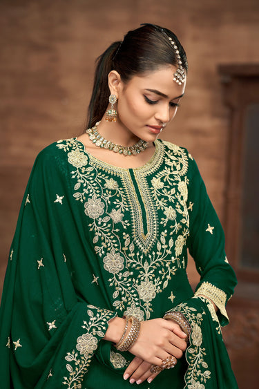 Embroidered Art Silk Dark Green Sangeet Wear Readymade Sharara Style Lehenga