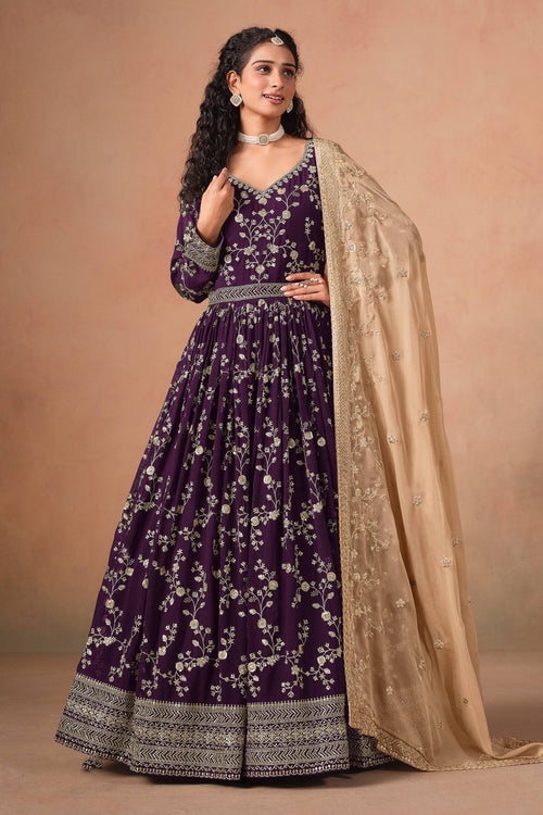Faux Georgette Embroidered Work Purple Designer Anarkali Suit
