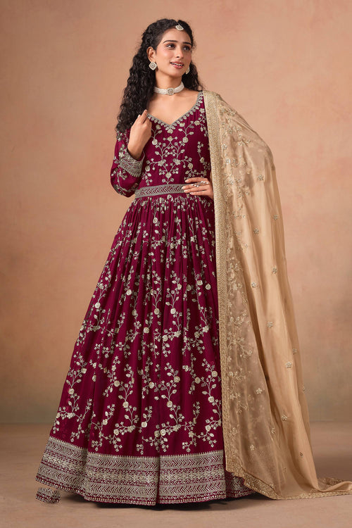 Wine Festive Wear Faux Georgette Anarkali Suit