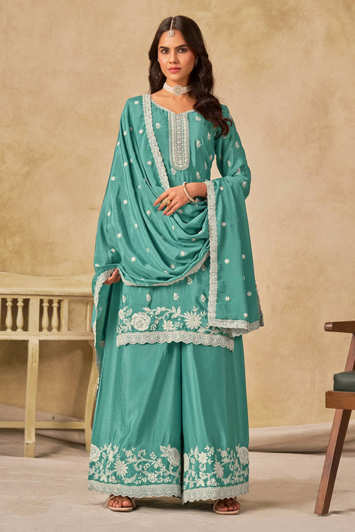 Chinon Embroidered Work Light Cyan Designer Palazzo Suit