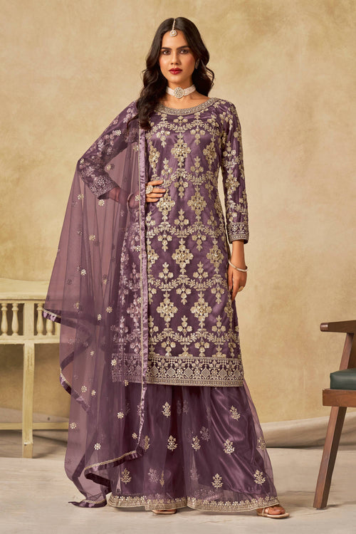 Purple Net Palazzo Suit