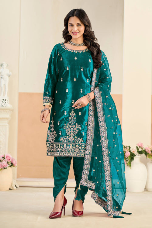 Embroidered Velvet Teal Designer Straight Cut Salwar Kameez For Function Wear