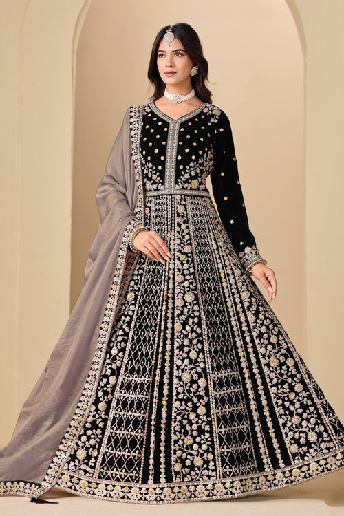 Velvet Embroidered Black Wedding Wear Anarkali Suit With Dupatta