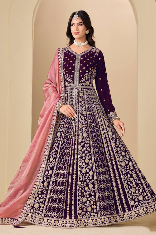 Embroidered Velvet Purple Anarkali Suit For Wedding Wear