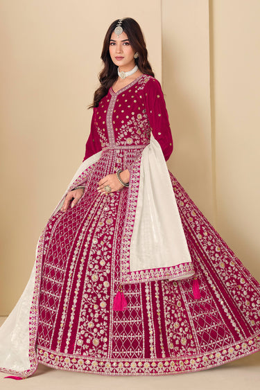 Velvet Embroidered Pink Anarkali Suit For Wedding Wear