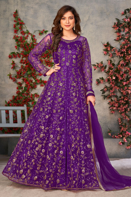 Embroidered Purple Long Anarkali Salwar Suit In Net Fabric