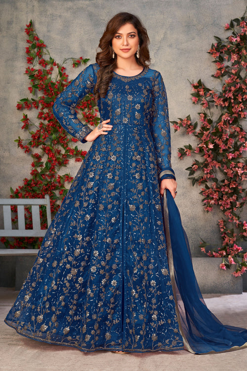 Blue Embroidered Long Anarkali Suit In Net Fabric