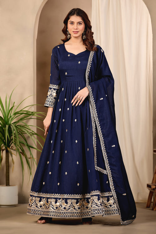Blue Designer Embroidered Flared Anarkali Suit With Dupatta