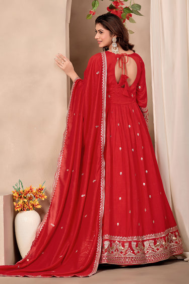Premium Red Art Silk Flared Anarkali Suit With Dupatta