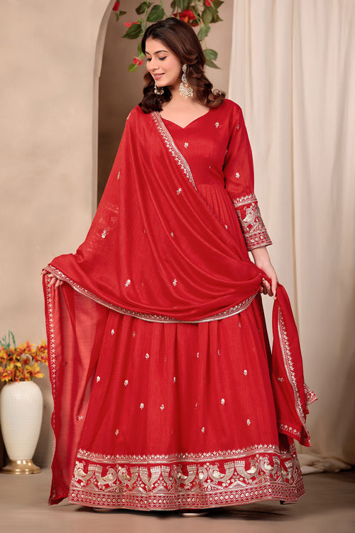 Premium Red Art Silk Flared Anarkali Suit With Dupatta