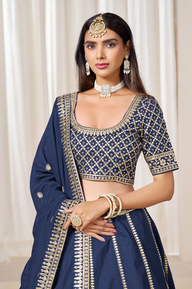 Embroidered Navy Blue Art Silk Festive Wear Lehenga Choli