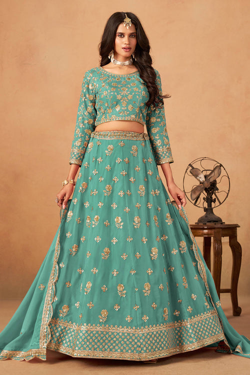Embroidered Cyan Organza Lehenga With Blouse