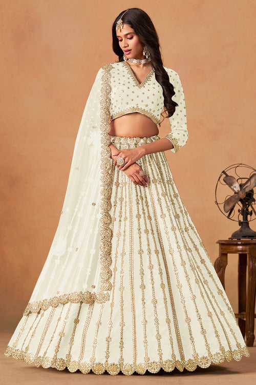 Off White Designer 3 Piece Lehenga Choli In Art Silk Fabric