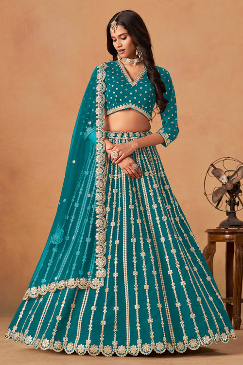Teal Art Silk Fabric Embroidered Lehenga Choli