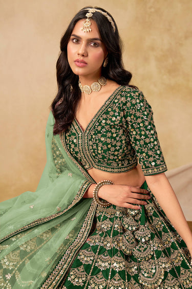 Sangeet Special Art Silk Lehenga Choli In Dark Green Color