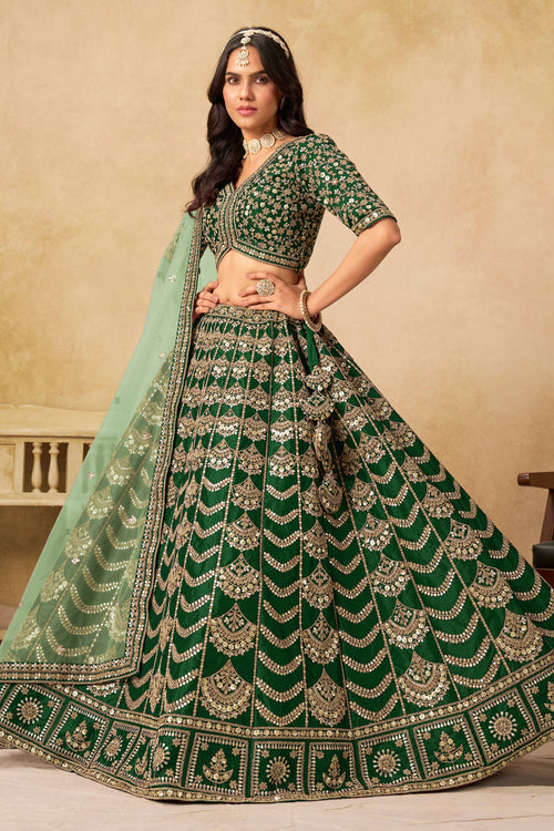Sangeet Special Art Silk Lehenga Choli In Dark Green Color