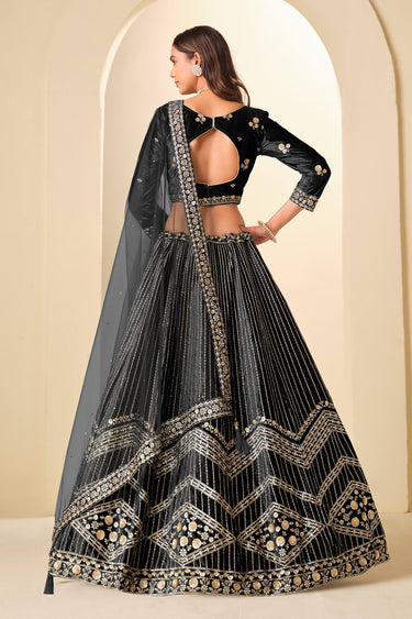 Velvet Fabric Embroidered Black Wedding Wear Lehenga Choli With Dupatta