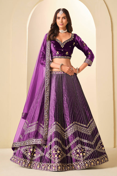 Embroidered Velvet Purple Lehenga Choli For Wedding Wear