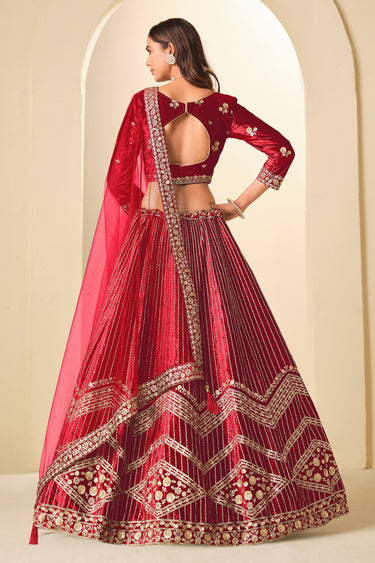 Red Wedding Wear Velvet Embroidered Lehenga Choli