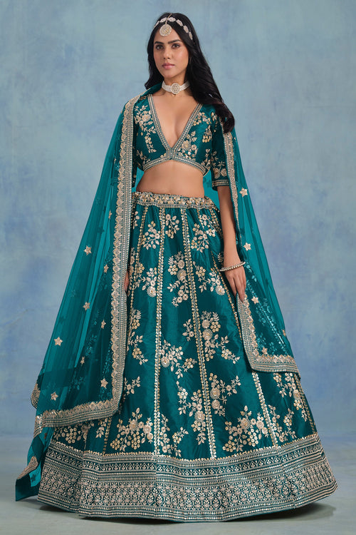 Art Silk Fabric Wedding Wear Embroidered Lehenga Choli In Teal Color