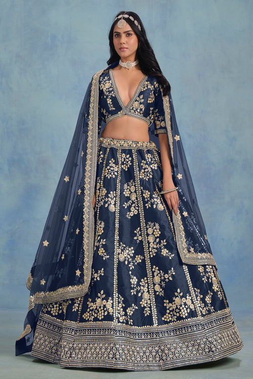 Occasion Wear Embroidered Lehenga Choli In Navy Blue Art Silk Fabric