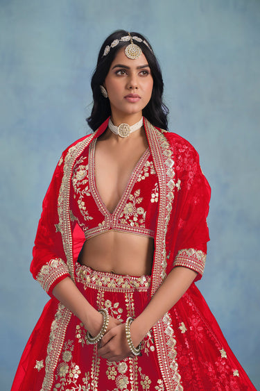 Embroidered Red Art Silk Fabric Festive Wear Lehenga Choli