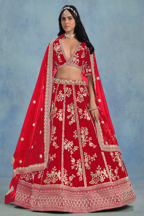 Embroidered Red Art Silk Fabric Festive Wear Lehenga Choli