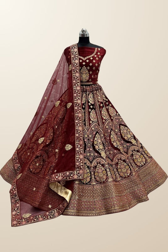 Maroon Color Glittering Velvet Fabric Bridal Lehenga Choli