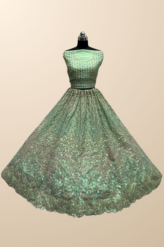 Marvellous Organza Fabric Sequins Work Lehenga Choli In Sea Green Color