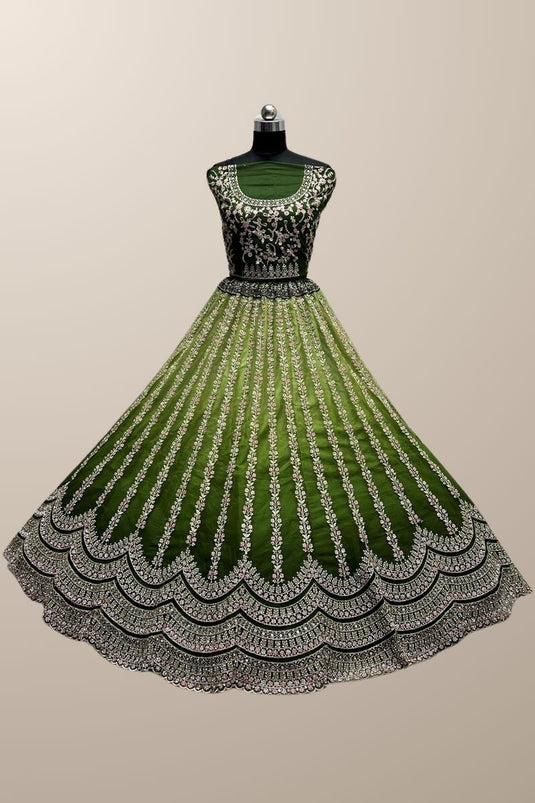 Engaging Green Color Silk Fabric Embroidered Lehenga Choli