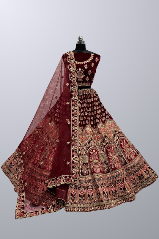 Heavy Velvet Fabric Thread Embroidered Maroon Color Bridal Look Lehenga