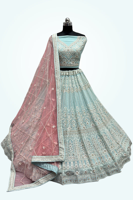 Embroidered Cyan Color Bridal Lehenga In Net Fabric With Designer Choli