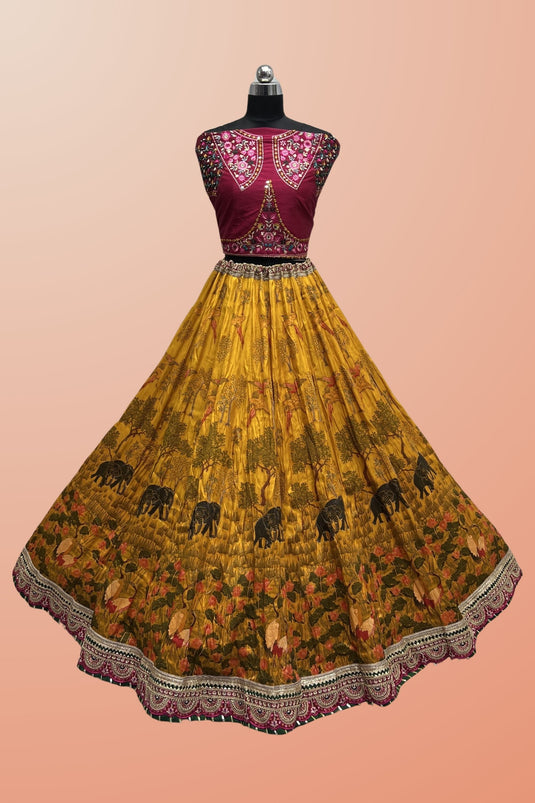 Yellow Color Glorious Printed Silk Lehenga