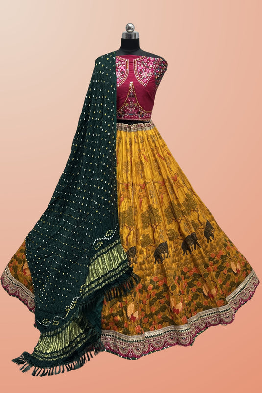 Yellow Color Glorious Printed Silk Lehenga