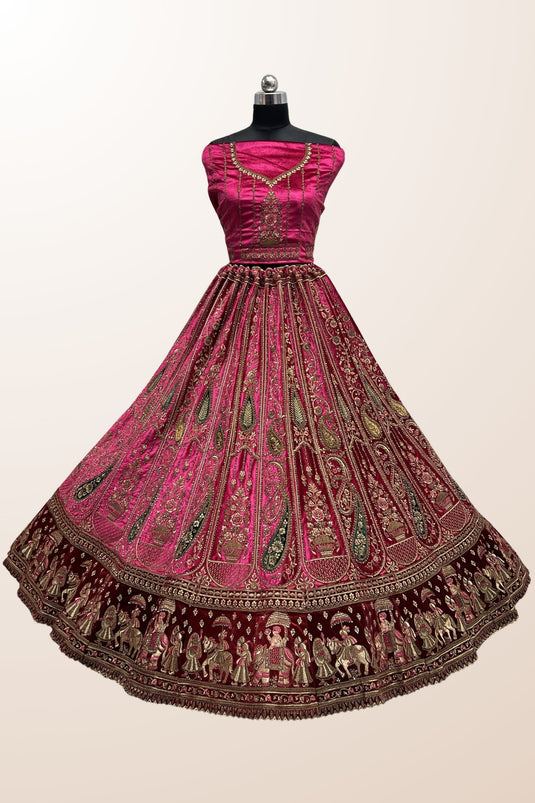 Velvet Fabric Wedding Wear Luxurious Bridal Lehenga In Pink Color