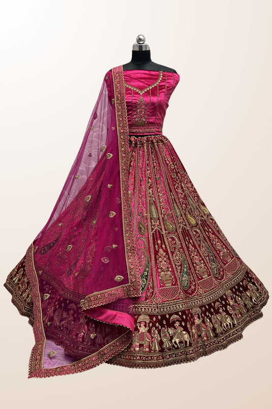 Velvet Fabric Wedding Wear Luxurious Bridal Lehenga In Pink Color