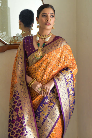 Traditional Banarasi Silk Weaving Work Orange Color Saree