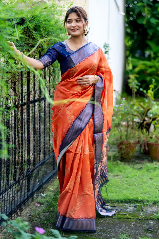 Orange Color Bandhani Printed Daily Wear Art Silk Fabric Saree