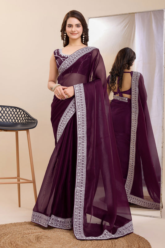 Blazing Wine Color Festival Wear Border Work Art Silk Saree