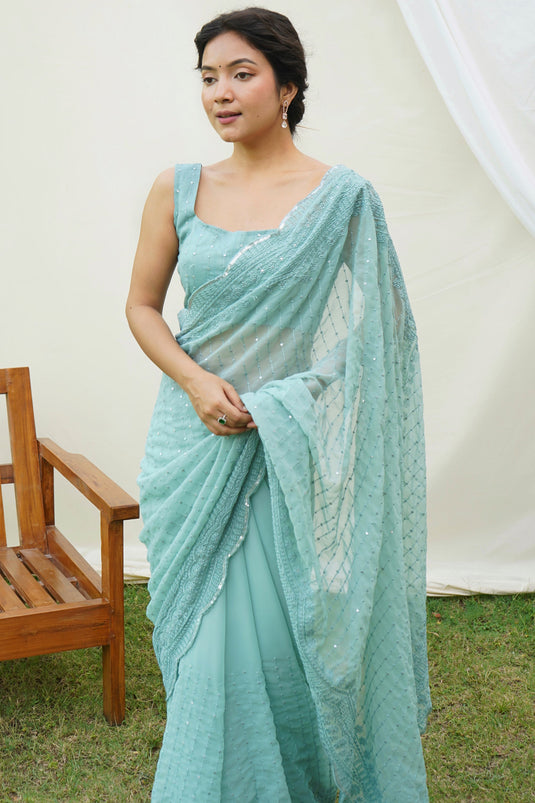 Cyan Color Sequins Work Brilliant Festive Wear Georgette Saree