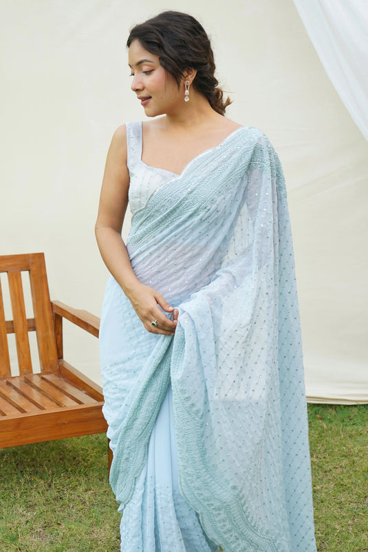 Sequins Work Imposing Festive Wear Georgette Saree In Sky Blue Color