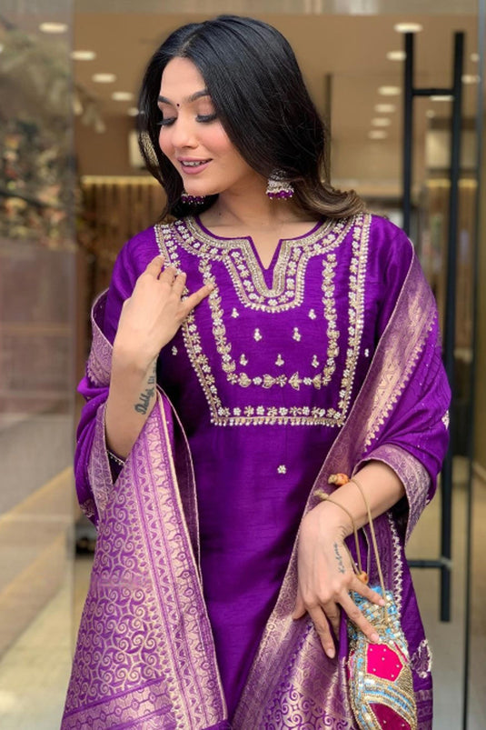 Ingenious Embroidered Purple Color Viscose Fabric Readymade Salwar Suit